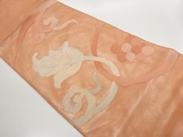 JAPANESE KIMONO / FUKURO OBI FOR SUMMER / WOVEN GRAPE & ARABESQUE PATTERN 